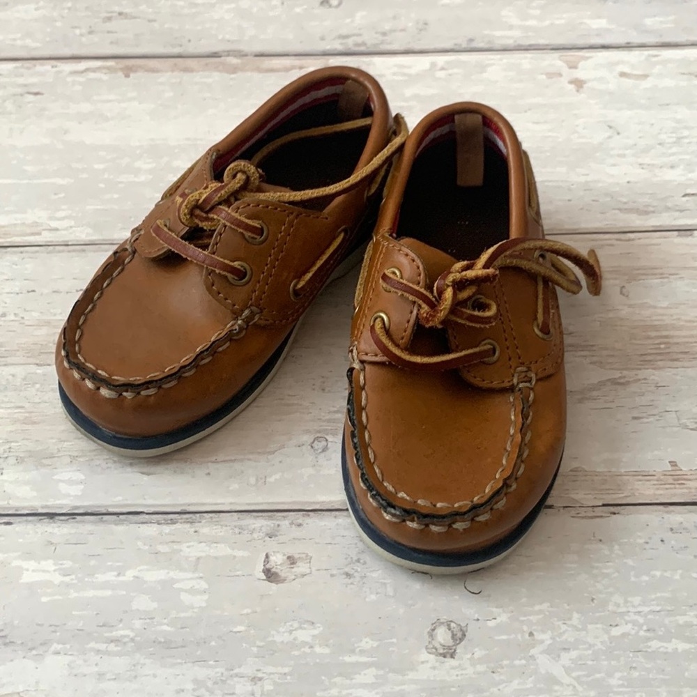 Boys Size 6 Boat Shoes Brown Leather Slip On Summer Formal Wear Faded Glory